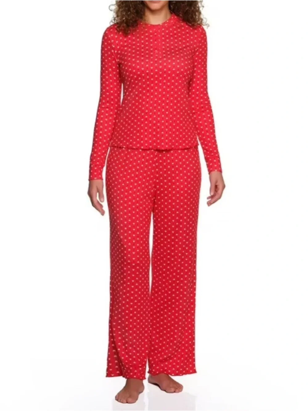 LOFT Red Heart-Print 2-Piece Henley Pointelle Pajama Set
